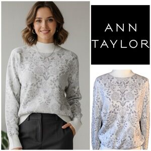 Ann Taylor Cream and Silver Jacquard Floral Sweater